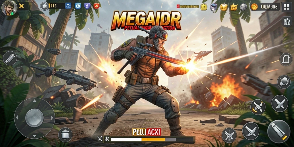 Tangkapan layar utama MEGAIDR menunjukkan pertempuran epik dalam gameplay aksi.