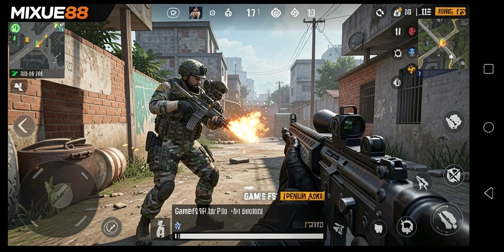 Screenshot utama gameplay MIXUE88, menunjukkan aksi tembak-menembak yang mendebarkan.