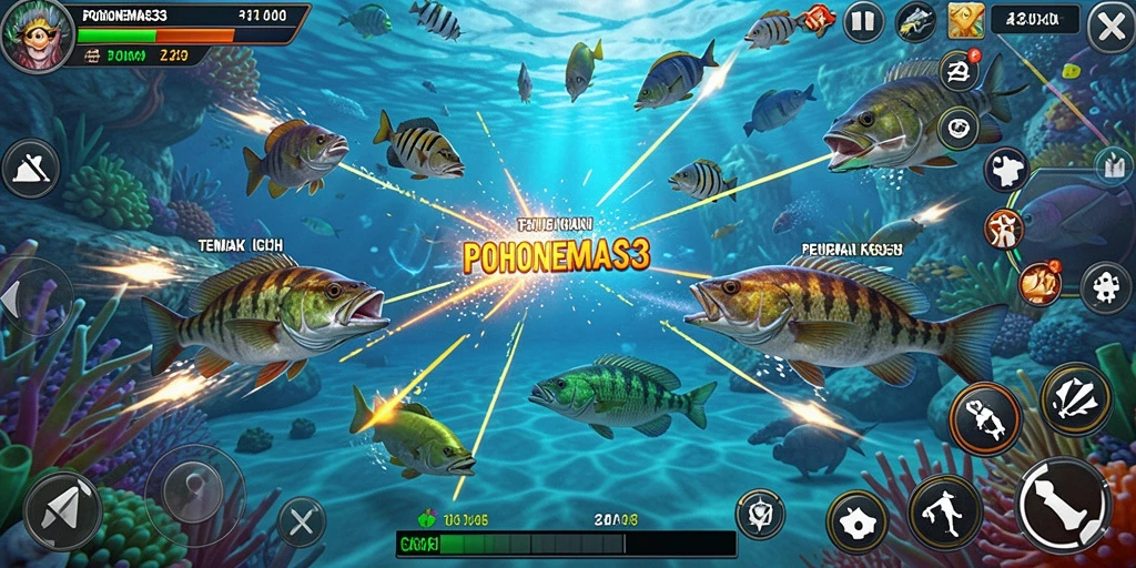Tampilan gameplay seru dalam POHONEMAS33 saat menembak ikan.
