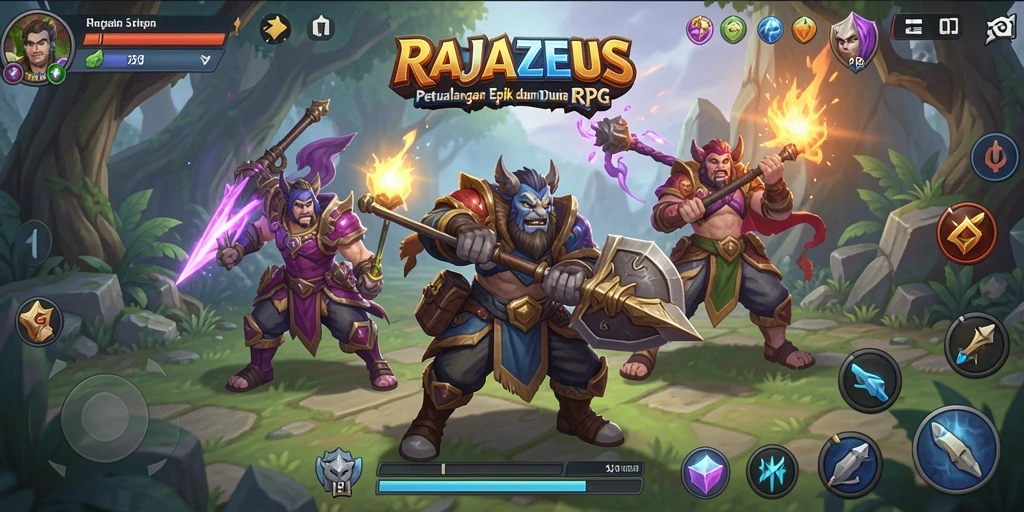 Screenshot gameplay RAJAZEUS menampilkan pertarungan epik antara karakter utama dan monster.