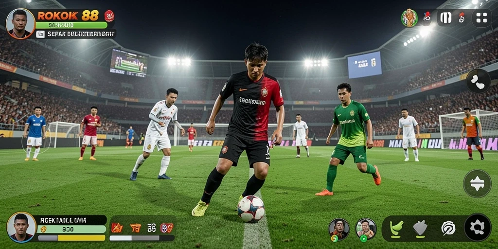 Screenshot gameplay ROKOK88 menampilkan aksi seru sepak bola.