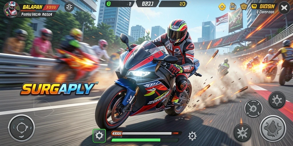 Tampilan seru balapan motor di game SURGAPLY.